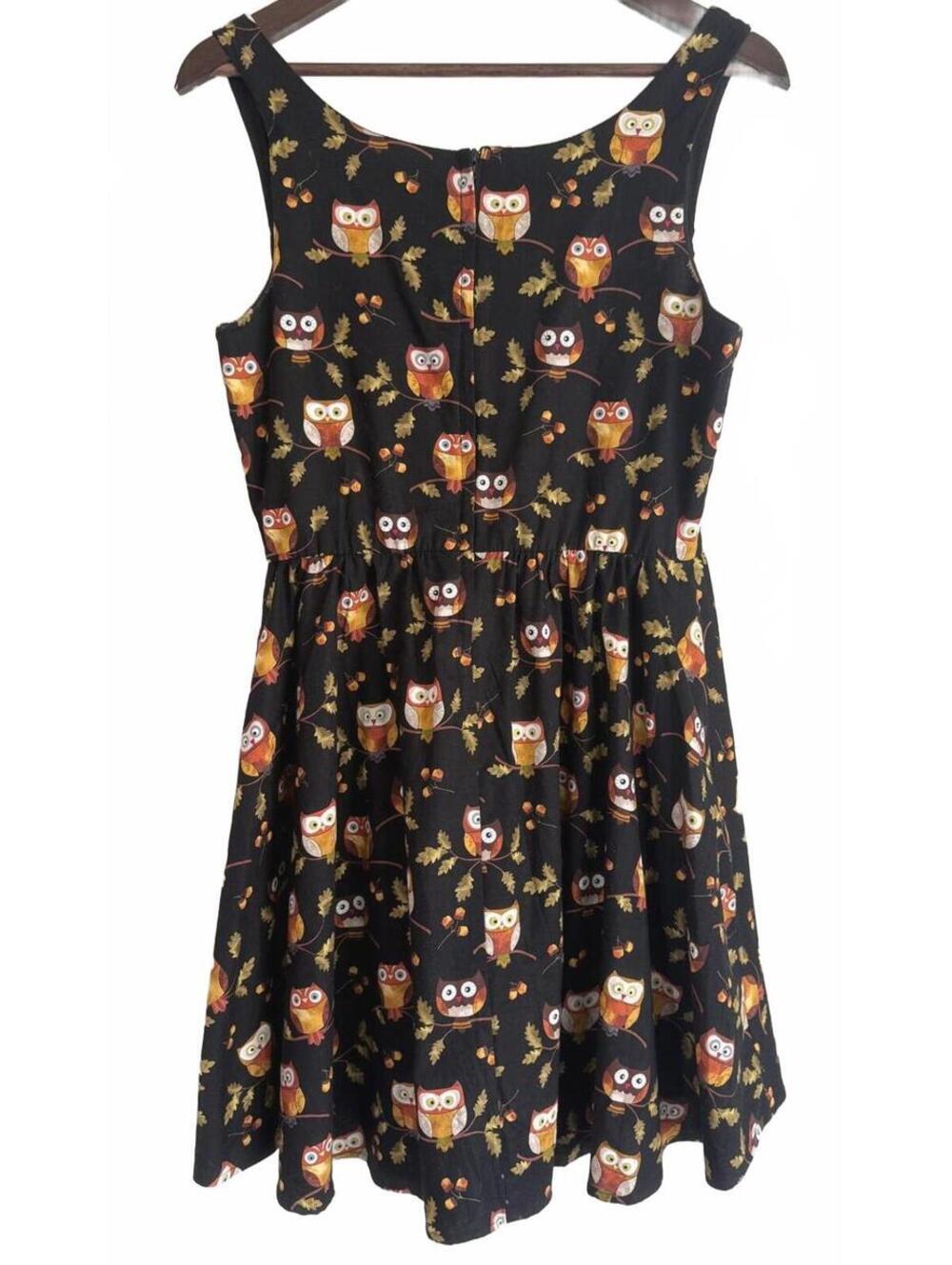 Retrolicious Owl Print Sleeveless Fit & Flare Dress Size M Black Cotton Pockets - Picture 2 of 15